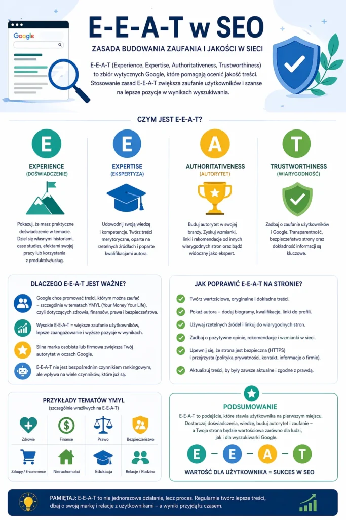 Infografika opisująca czym są wytyczne EEAT i jakie mają znaczenie w kontekście pisania tekstów pod SEO