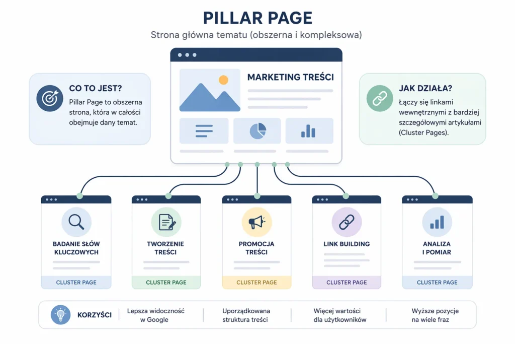 Infografika opisująca pojęcie "pillar page" i wpływ klastrów tematycznych na SEO