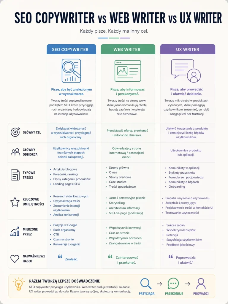 Infografika wyjaśniająca różnice między SEO copywriterem, web writerem oraz UX writerem.