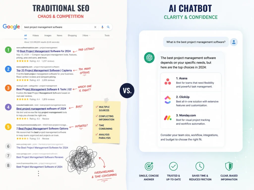 Ilustracja podzielonego ekranu: z jednej strony tradycyjne SEO z wynikami wyszukiwania i rankingami Google, z drugiej strony chatbot AI udzielający jednej zwięzłej odpowiedzi, kontrastujący chaos z przejrzystością, nowoczesny styl technologiczny