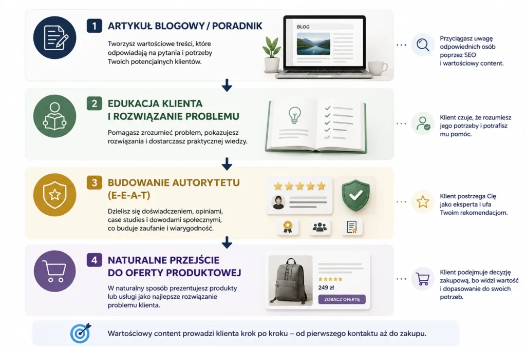 Infografika opisująca rolę wartościowych tekstów na blogu e-commerce w edukowaniu klientów i sprzedawaniu oferty.