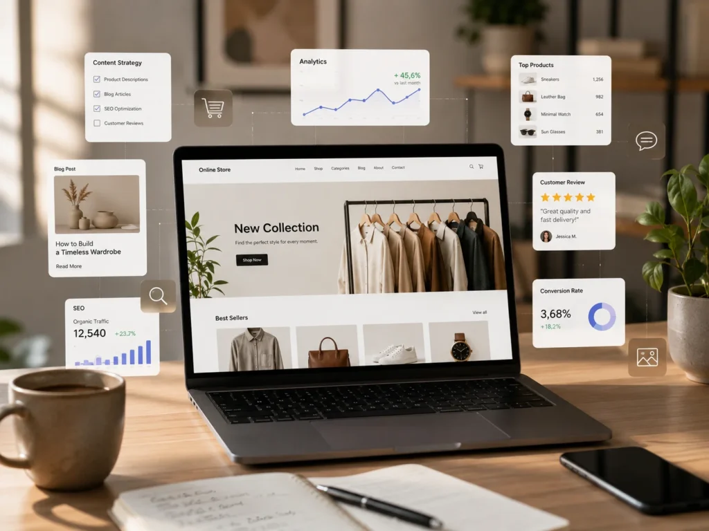 Nowoczesna koncepcja strategii content marketingu e-commerce, laptop z interfejsem sklepu internetowego, bloki treści, wykresy analityczne i strony produktów unoszące się w powietrzu, czyste miejsce pracy, ciepłe naturalne światło, minimalistyczna, ekskluzywna estetyka, realistyczna fotografia połączona z subtelnymi elementami cyfrowymi
