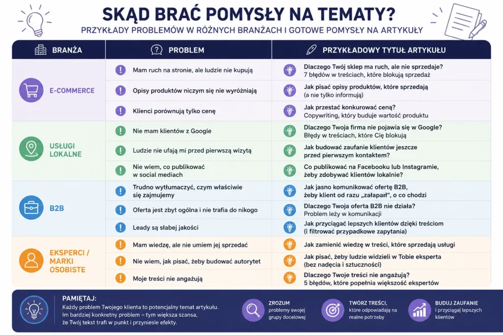 Infografika wyjaśniająca, skąd brać tematy na bloga firmy.