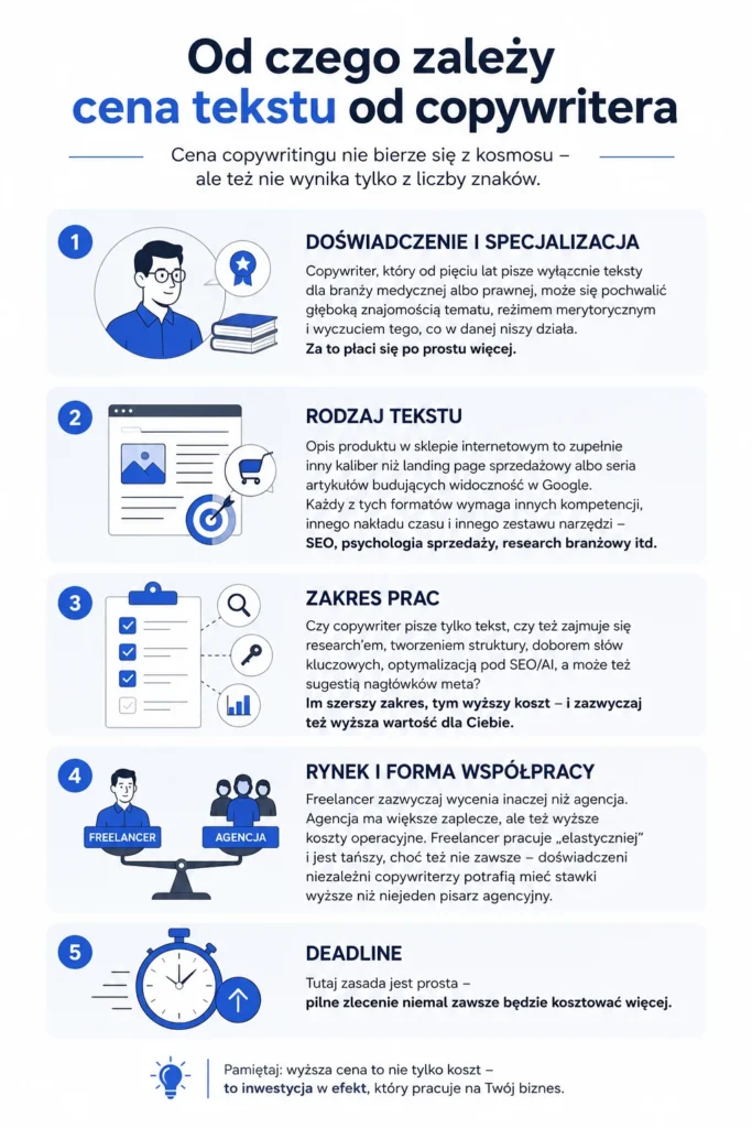 Infografika opisująca czynniki, od których zależy cena tekstu od copywritera.