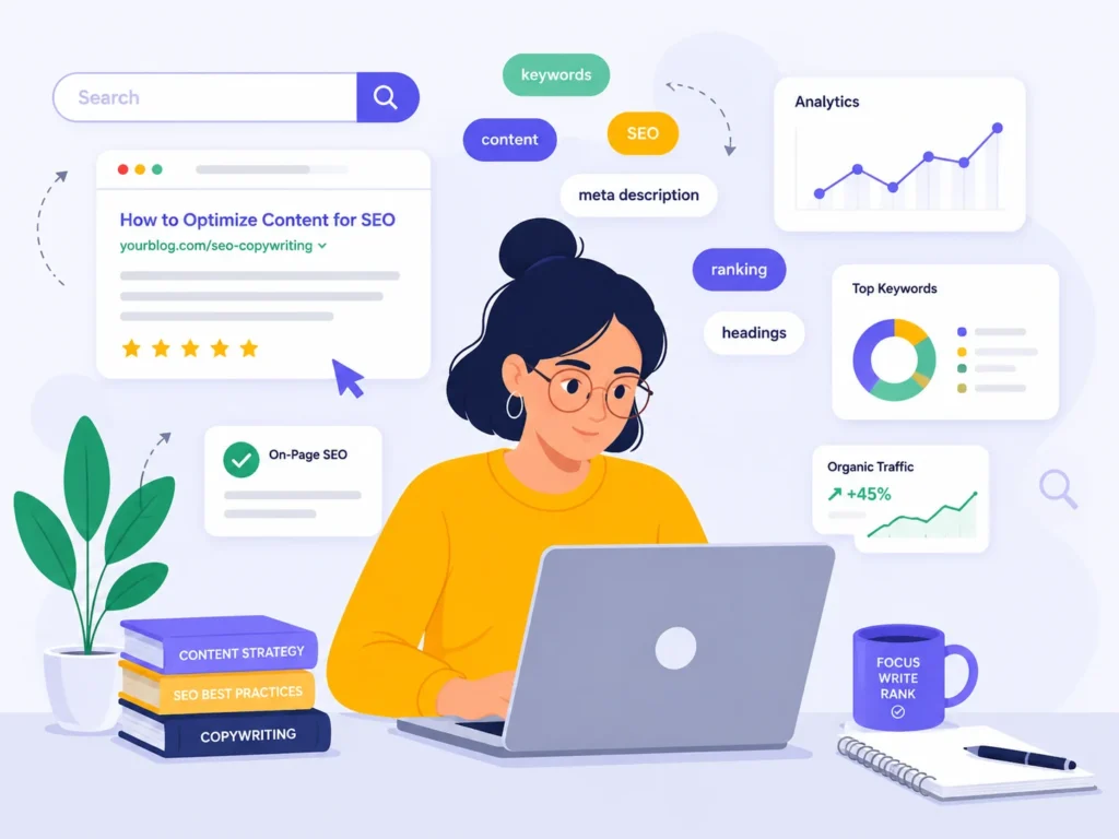 Ilustracja przedstawiająca copywritera SEO pracującego na laptopie, otoczonego pływającymi słowami kluczowymi, wynikami wyszukiwania i wykresami analitycznymi.