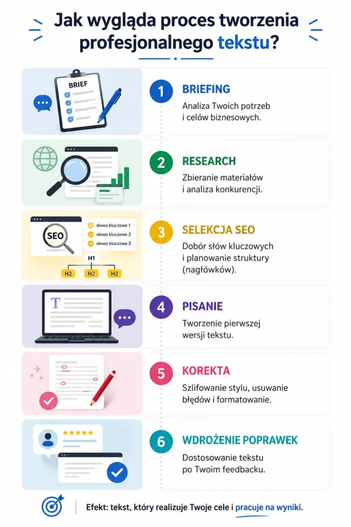 Infografika prezentująca, jak wygląda i na czym polega proces tworzenia profesjonalnego tekstu przez copywritera.